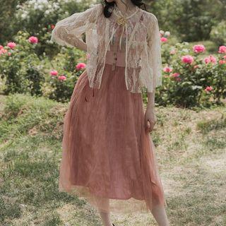 Sequined Lace Jacket / Floral Embroidered Midi A-line Dress / Set