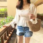 Set: Open-front Bell-sleeve Cardigan + Spaghetti-strap Smocked Top