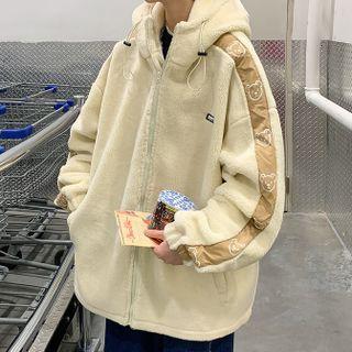 Bear Print Drawstring Hooded Zip Jacket