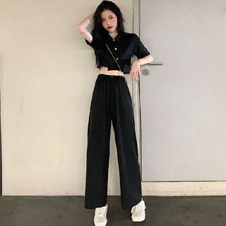 Set: Short-sleeve Crop Shirt + Wide Leg Pants