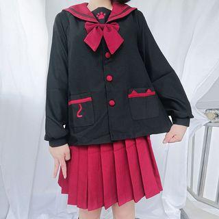 Embroidered Sailor Collar Blouse / Pleated Skirt / Set
