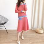 Set: Contrast Trim Sweater + Midi A-line Knit Skirt Pink - One Size