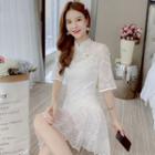 Short-sleeve Mandarin Collar Mini A-line Lace Dress