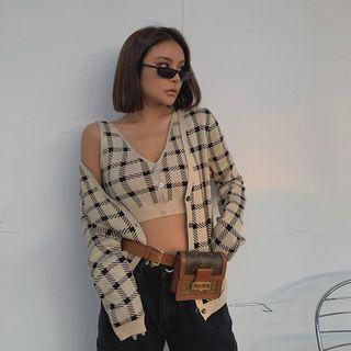 Set: Checker Knit Crop Top + Cardigan