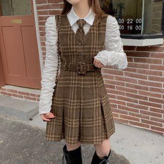 Long-sleeve Tie Neck Shirt / Plaid Mini A-line Pinafore Dress