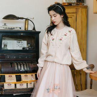 Set: Embroidered Floral Faux Pearl Accent Cardigan + Mesh A-line Midi Skirt
