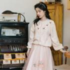 Set: Embroidered Floral Faux Pearl Accent Cardigan + Mesh A-line Midi Skirt