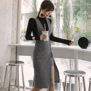 Set: Long-sleeve Top + Houndstooth Pinafore Dress