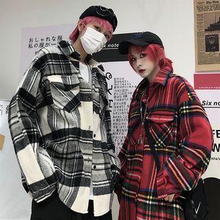 Front Pocket Plaid Woolen Jacket