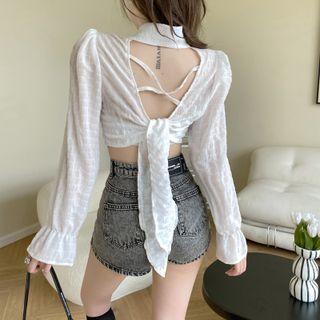 Cutout-back Cropped Blouse Blouse - White - One Size