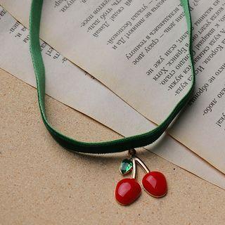 Rhinestone Alloy Cherry Pendant Choker Red Cherry - Dark Green - One Size