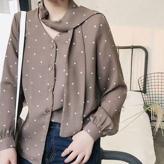 Dotted Long Sleeve Shirt With Neck Tie