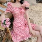 Puff-sleeve Floral Ruffle Hem Mini A-line Dress