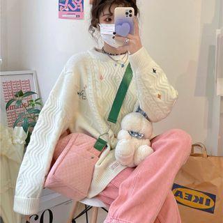 Round-neck Printed Ribbed Oversize Sweater Milky White - One Size