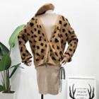 Leopard-print Knit Cardigan Khaki - One Size