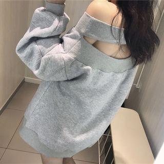 Plain Off-shoulder Long-sleeve Loose-fit Pullover Light Gray - One Size