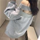 Plain Off-shoulder Long-sleeve Loose-fit Pullover Light Gray - One Size