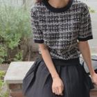 Short-sleeve Tweed Sweater Black - One Size