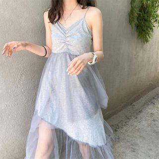 Spaghetti-strap Asymmetric Midi A-line Mesh Dress