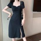 Short-sleeve Plain Side-slit Midi Dress