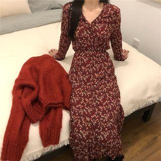 Crew-neck Sweater / Floral Long-sleeve A-line Dress