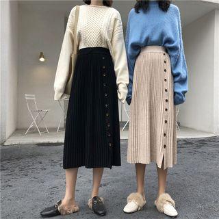 Buttoned Pleated A-line Knit Skirt