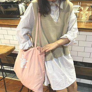 Striped Long-sleeve Shirtdress / Plain V-neck Knit Vest