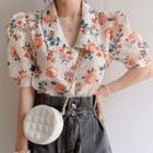 Puff-sleeve Floral Print Button Blouse