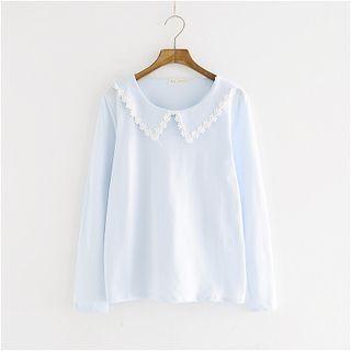 Crochet Trim Collared Long Sleeve T-shirt