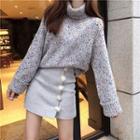 Turtleneck Sweater / Mini A-line Pom Pom Skirt
