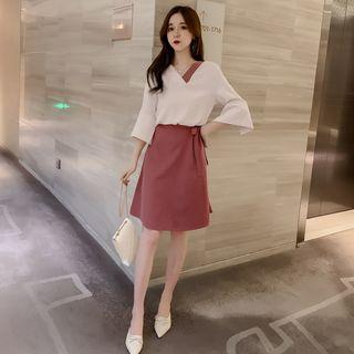 Set: 3/4-sleeve Contrast Trim Chiffon Top + A-line Skirt