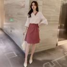 Set: 3/4-sleeve Contrast Trim Chiffon Top + A-line Skirt