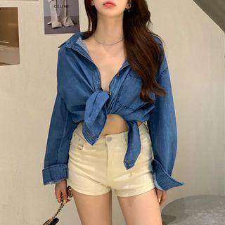 Oversized Long-sleeve Denim Shirt Blue - One Size