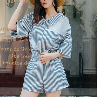 Pinstriped Elbow-sleeve Playsuit