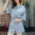 Pinstriped Elbow-sleeve Playsuit