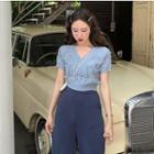 Short-sleeve Perforated Knit Cropped Top / Wide-leg Pants