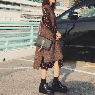 Set: Floral Long-sleeve A-line Dress + V-neck Long Knit Vest