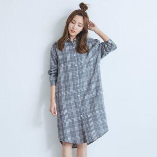 Linen Plaid Mini Long-sleeve Shirt Dress Dark Gray - One Size