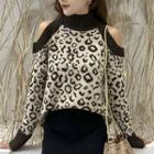 Cold Shoulder Leopard Pattern Sweater Leopard - One Size