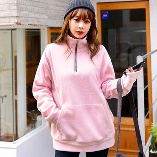 Zipped Mock-neck Kangaroo-pocket Fleece Pullover