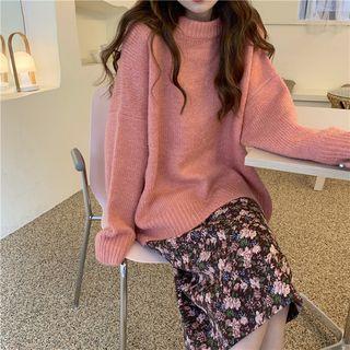 Long-sleeve Plain Knit Sweater / Floral Midi Skirt