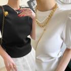 Puff-sleeve Rib-trim Knit Top