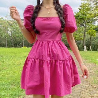 Puff-sleeve Square Neck Tie-back Cutout Mini A-line Dress