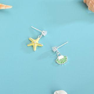 Non-matching 925 Sterling Silver Rhinestone Starfish & Shell Dangle Earring 1 Pair - Es1196 - Silver - One Size