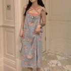 Cross Strap Camisole / Floral Print Denim Midi A-line Overall Dress