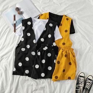 Set: Plain T-shirt + Polka-dot Long Vest + Shorts