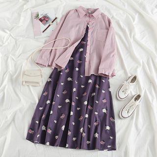 Plain Shirt / Spaghetti Strap Print Midi Dress