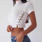 Lace Up Side Mock Neck Short Sleeve Cropped Top
