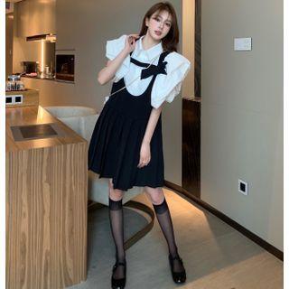 Details Bubble-sleeve Plain Shirt / Mini Overall Dress