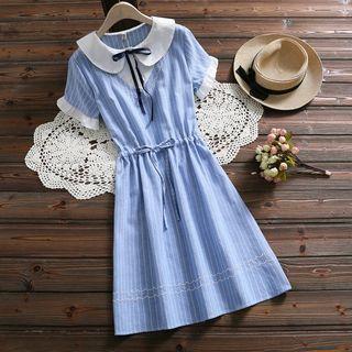 Short-sleeve Frill Trim Striped A-line Dress